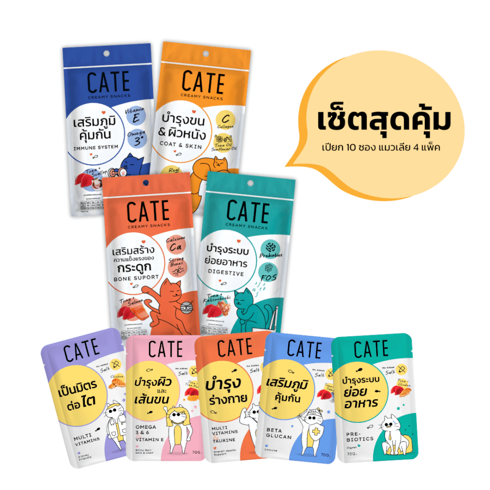 เซ็ตอาหารเปียกแมว CATE และแมวเลีย รวมสูตร 14 ชิ้น (อาหารเปียกแมว 10 ซอง แมวเลีย 4 แพ็ค)_0
